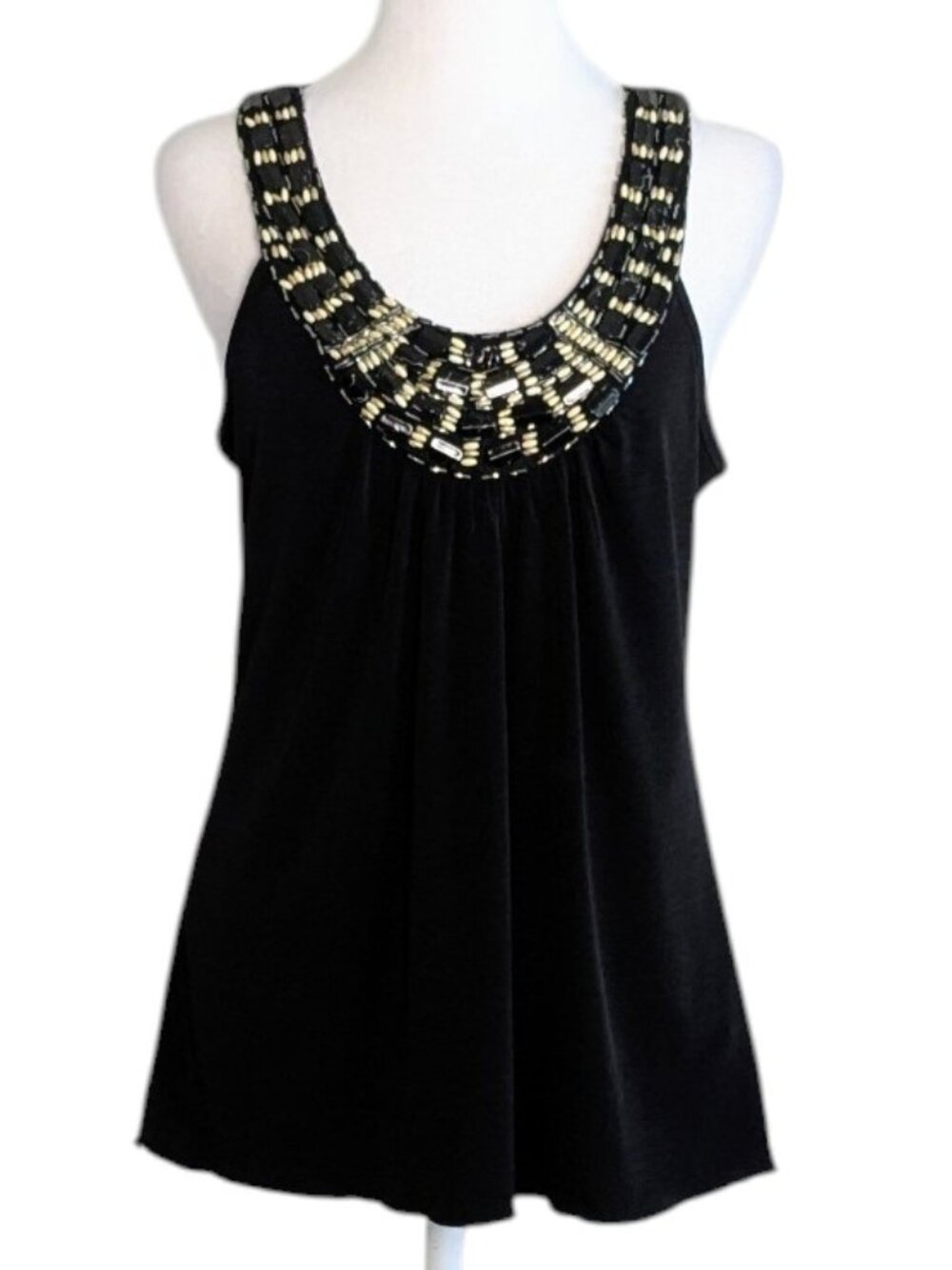 BCX Women's Sleeveless Flowy Racerback Beaded Neckline Top Blouse  Size L  Black